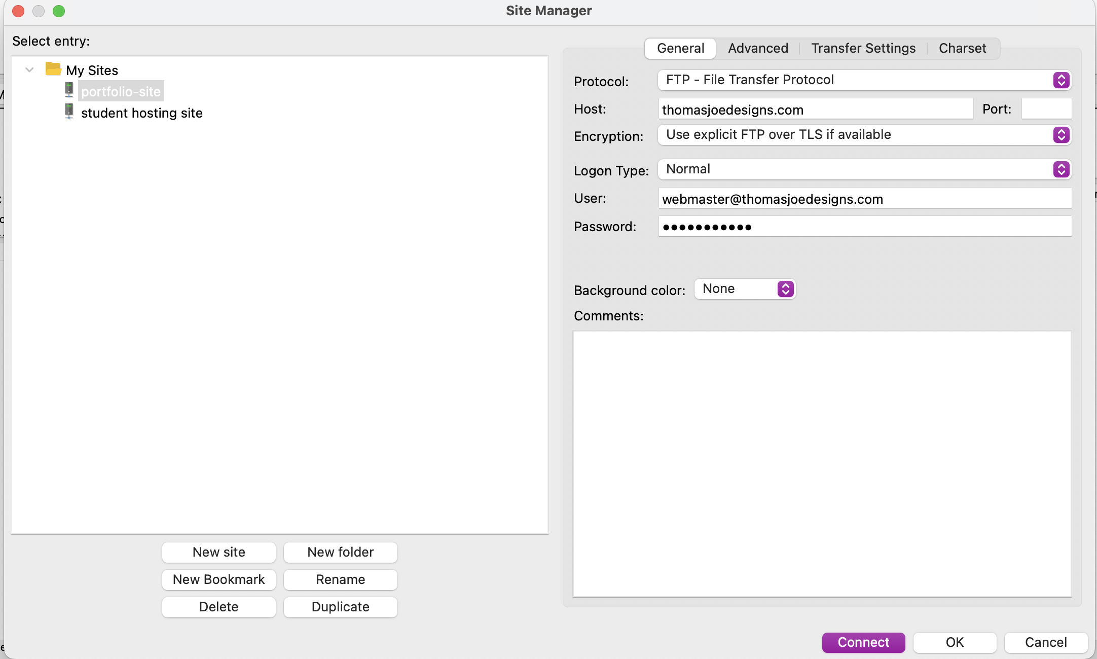 An image of the site manager interface in Filezilla that shows I have setup my FTP account to connect to my hosting space